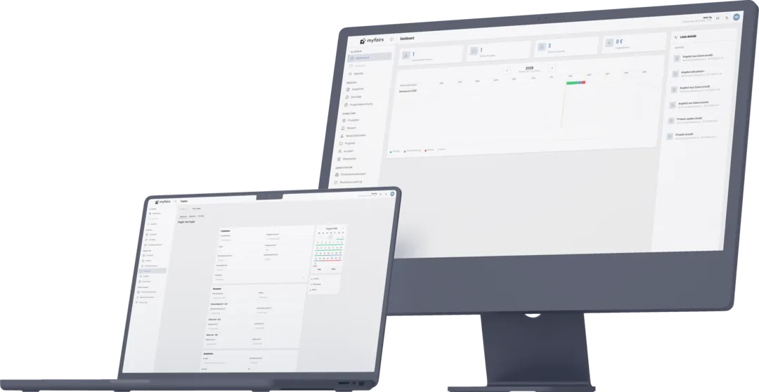 myfairs Dashboard und Projektansicht auf Desktop und Laptop